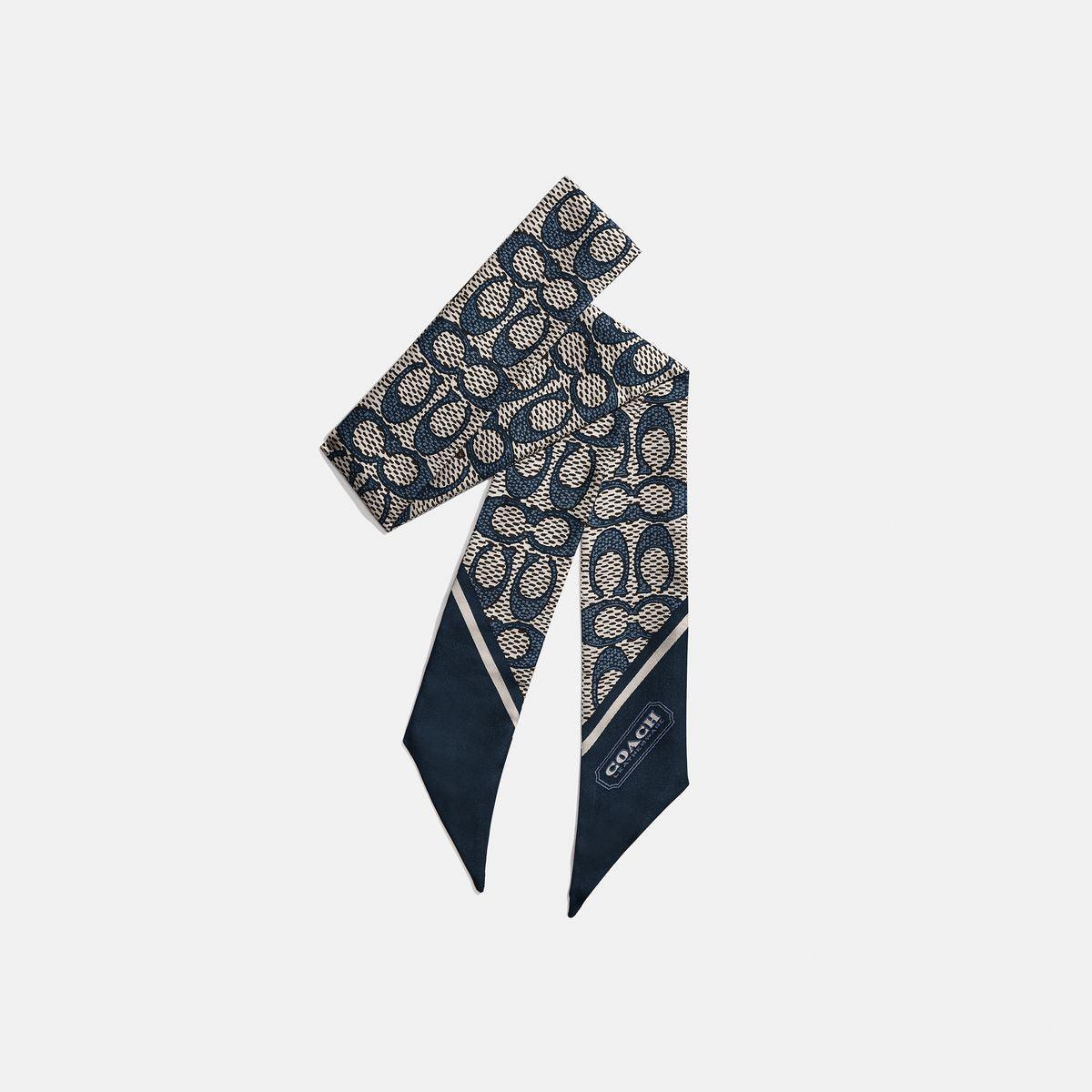 C2783-Vintage Signature Print Silk Skinny Scarf-Midnight Navy