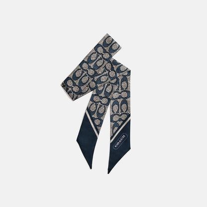 C2783-Vintage Signature Print Silk Skinny Scarf-Midnight Navy