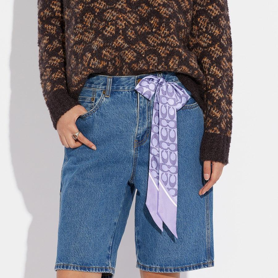 C2783-Vintage Signature Print Silk Skinny Scarf-Light Violet