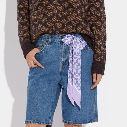 C2783-Vintage Signature Print Silk Skinny Scarf-Light Violet