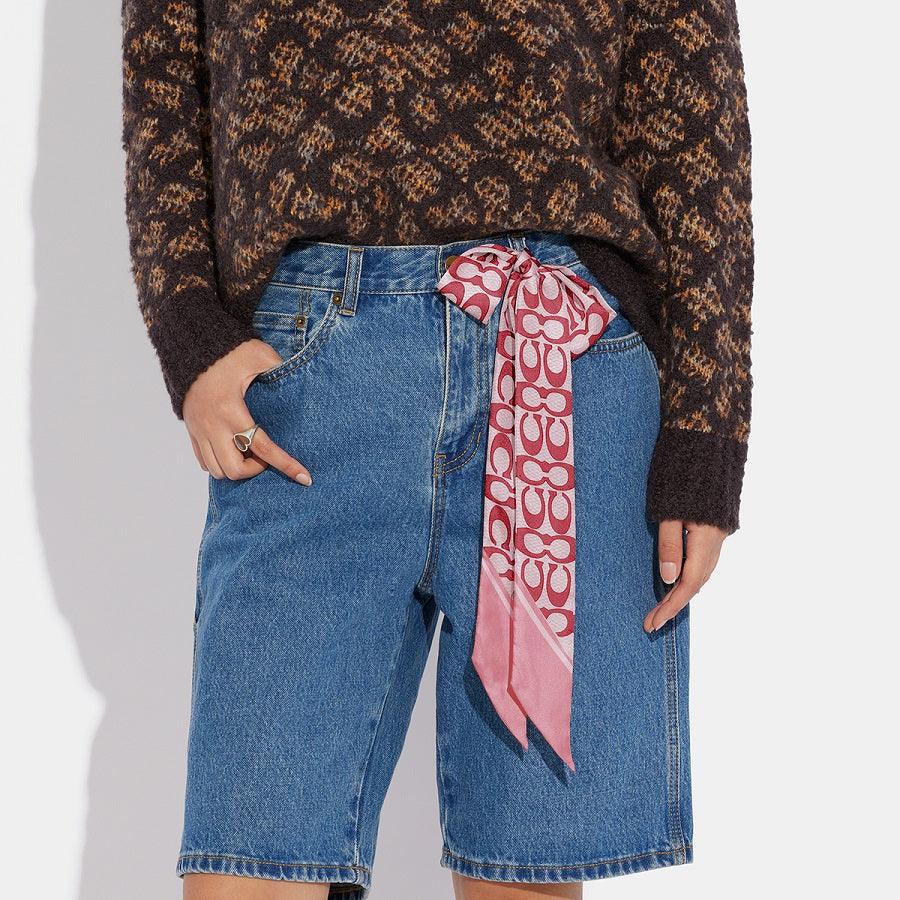 C2783-Vintage Signature Print Silk Skinny Scarf-Flower Pink