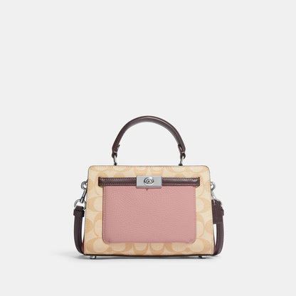 C8318-Mini Lane Top Handle In Colorblock Signature Canvas-SV/Lt Khaki/Lt Pink Multi