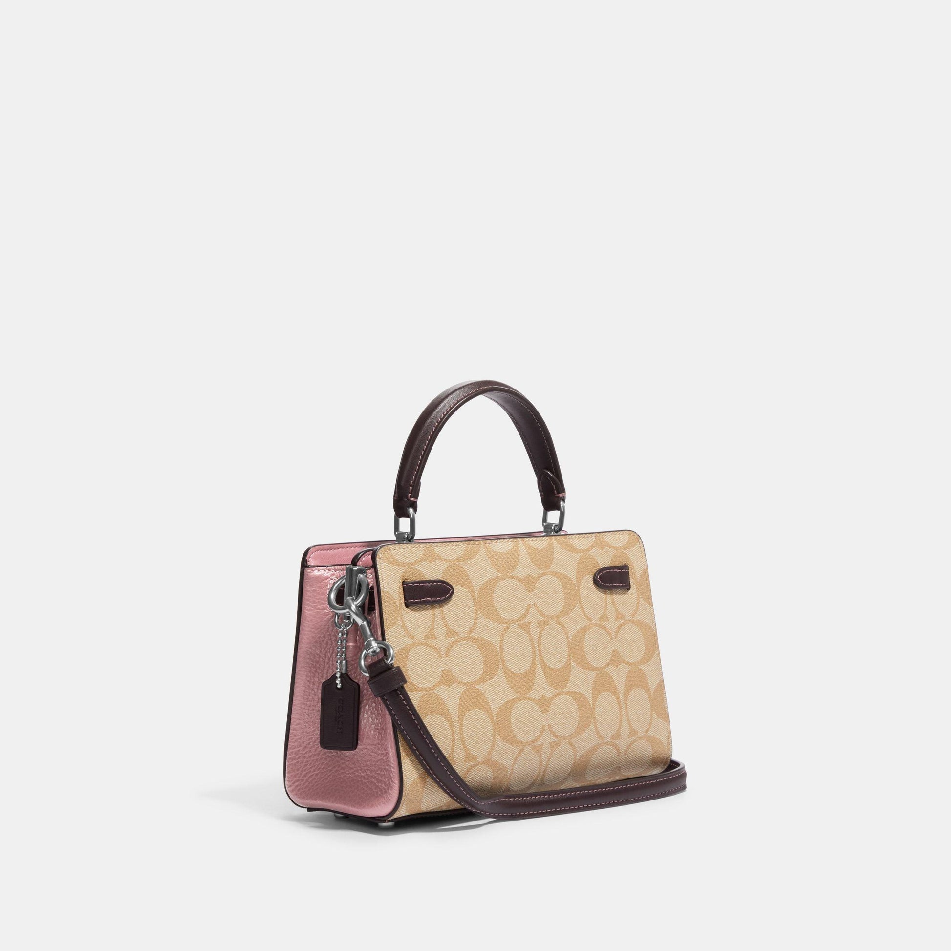 C8318-Mini Lane Top Handle In Colorblock Signature Canvas-SV/Lt Khaki/Lt Pink Multi