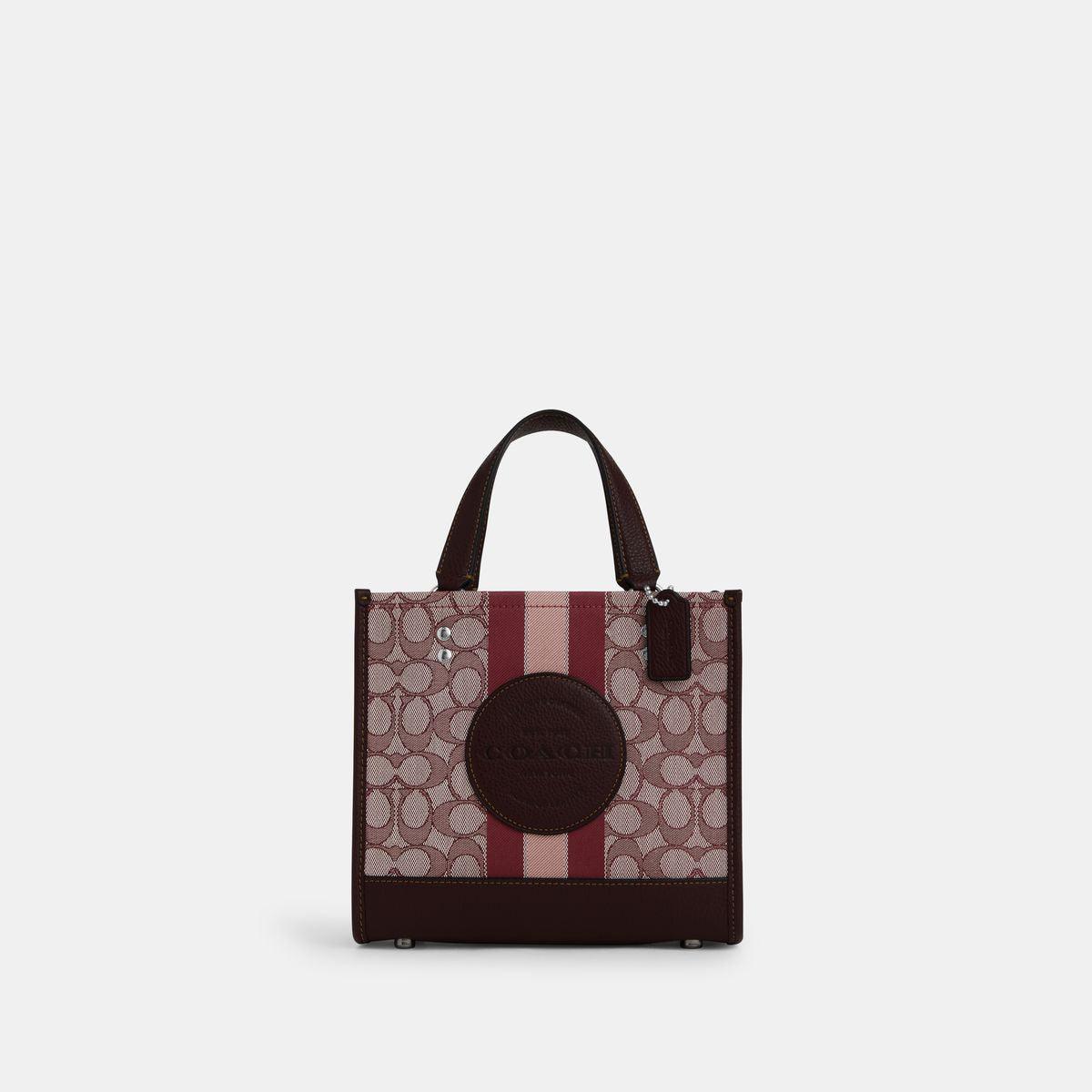 C8417-Dempsey Tote 22 In Signature Jacquard With Stripe And Coach Patch-SV/Dark Burgundy Multi