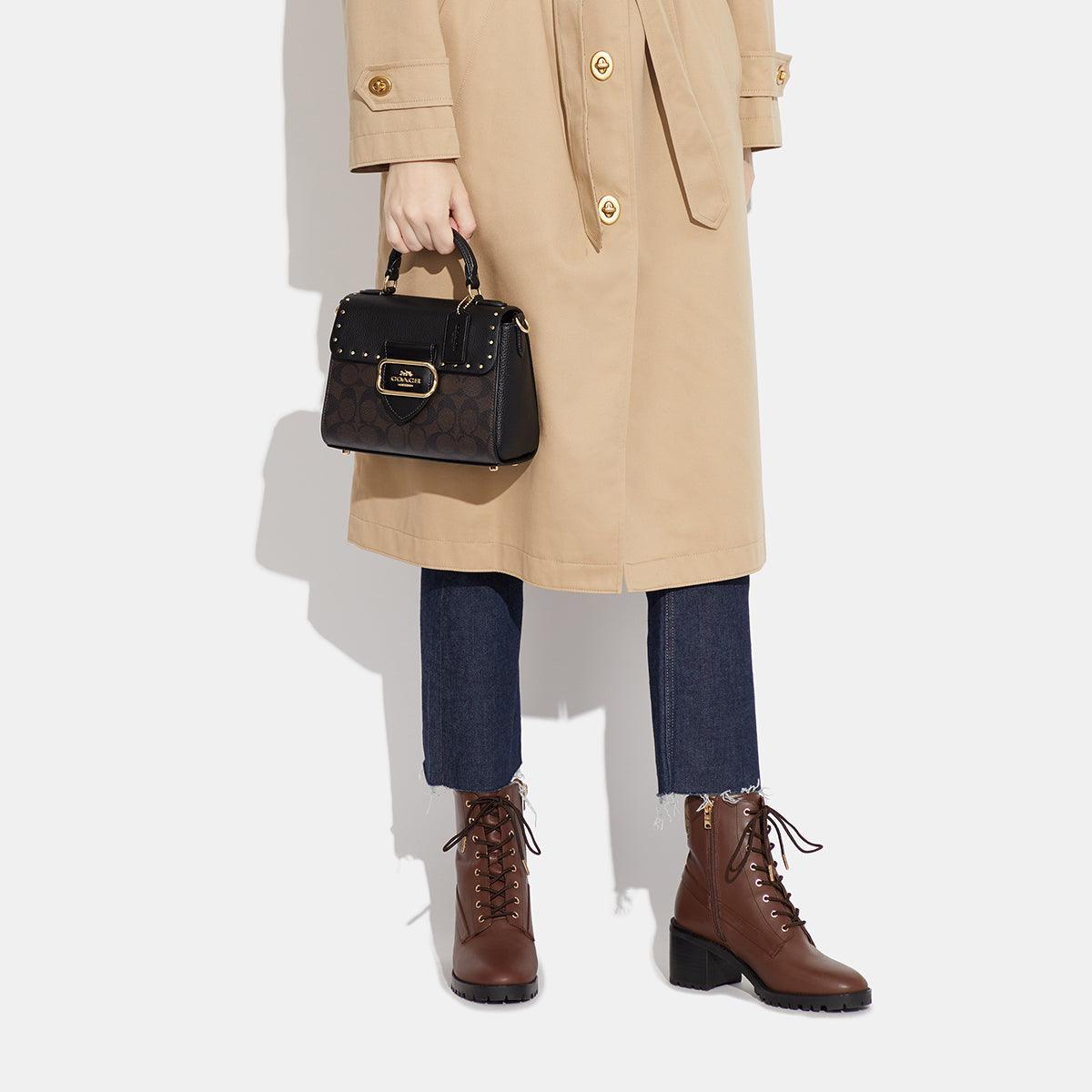 CF322-Top Handle Satchel In Colorblock Signature Canvas With Rivets-Im/Brown Black Multi