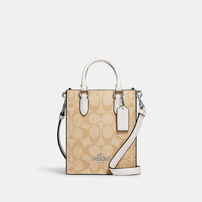 CJ494-North South Mini Tote In Signature Canvas-Sv/Light Khaki/Chalk