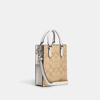 CJ494-North South Mini Tote In Signature Canvas-Sv/Light Khaki/Chalk