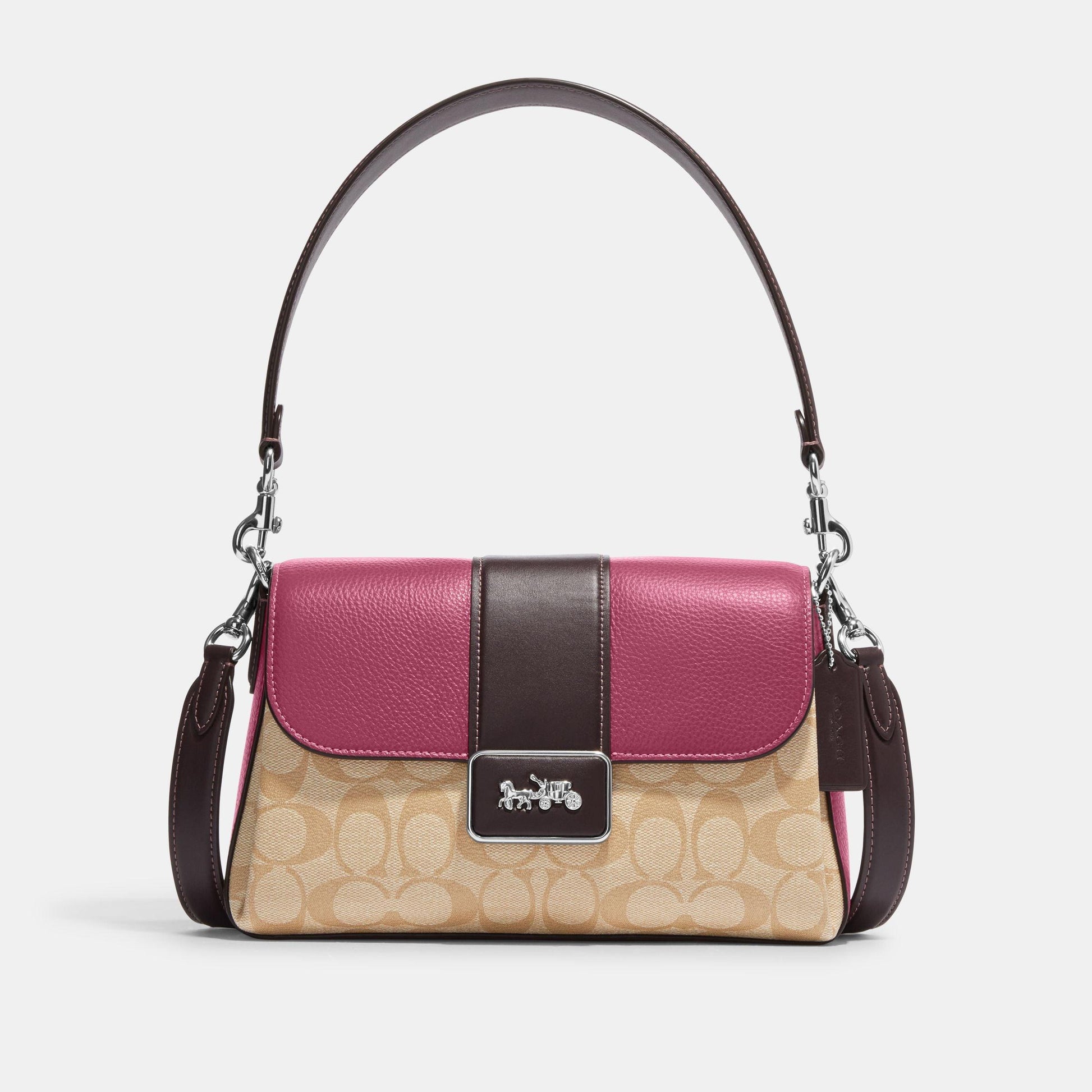 CJ633-Grace Shoulder Bag In Colorblock Signature Canvas-SV/Lt Khaki/Lt Raspberry Multi