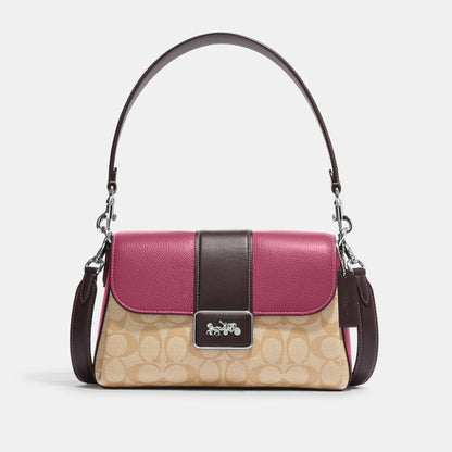 CJ633-Grace Shoulder Bag In Colorblock Signature Canvas-SV/Lt Khaki/Lt Raspberry Multi