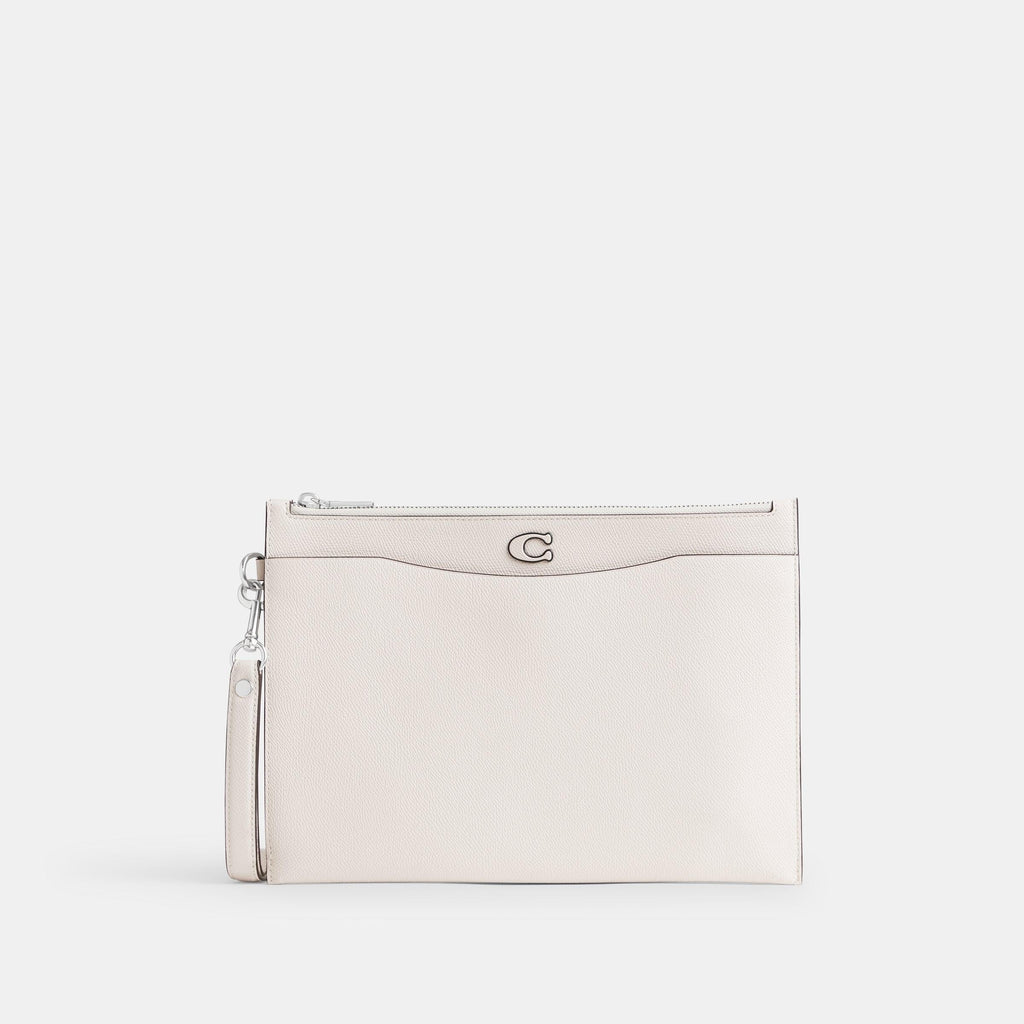 CJ798-Pouch Wristlet In Crossgrain Leather With Signature Canvas Interior-Chalk
