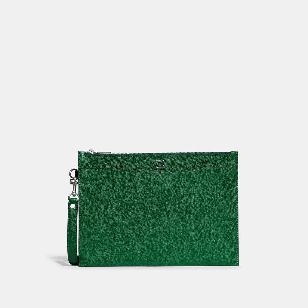 CJ798-Pouch Wristlet In Crossgrain Leather With Signature Canvas Interior-Green